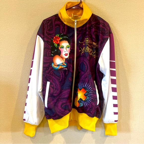Ed Hardy Other - Ed Hardy Track Jacket Unisex  L Purple Los Angeles Graffiti Japan Bomber Vintage